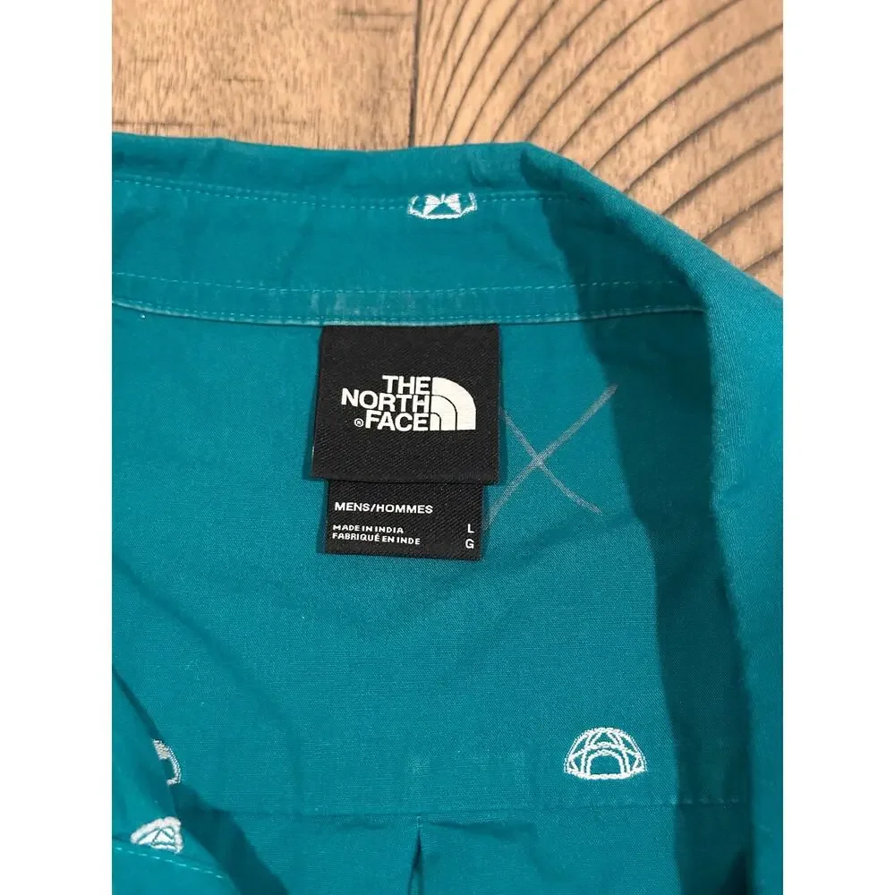 The North Face Men's Teal Green Half Dome Tent Print SS Button Down Shirt Large